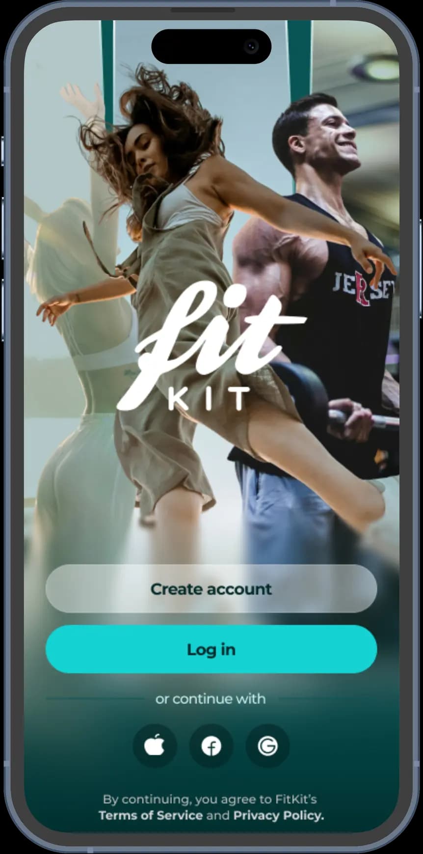 FitKit app sign-in screen with Create account and Log in options