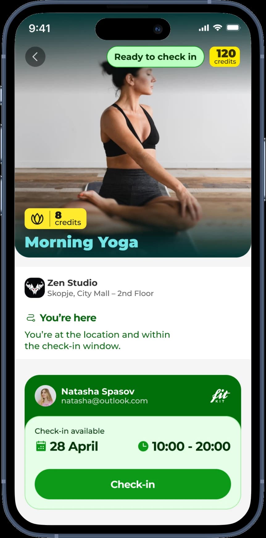 FitKit app showing a Morning Yoga check-in at Zen Studio, 120 credits available
