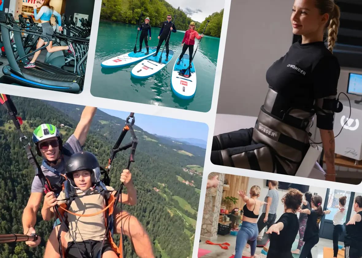 Членови на FitKit кои уживаат во активности во партнерски објекти, тренинг во теретана, паддлбординг, EMS студија и часови по јога
