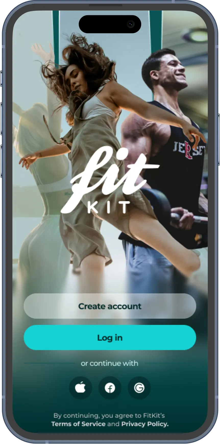 Екран за пријавување во апликацијата FitKit со опции Креирај сметка и Пријави се