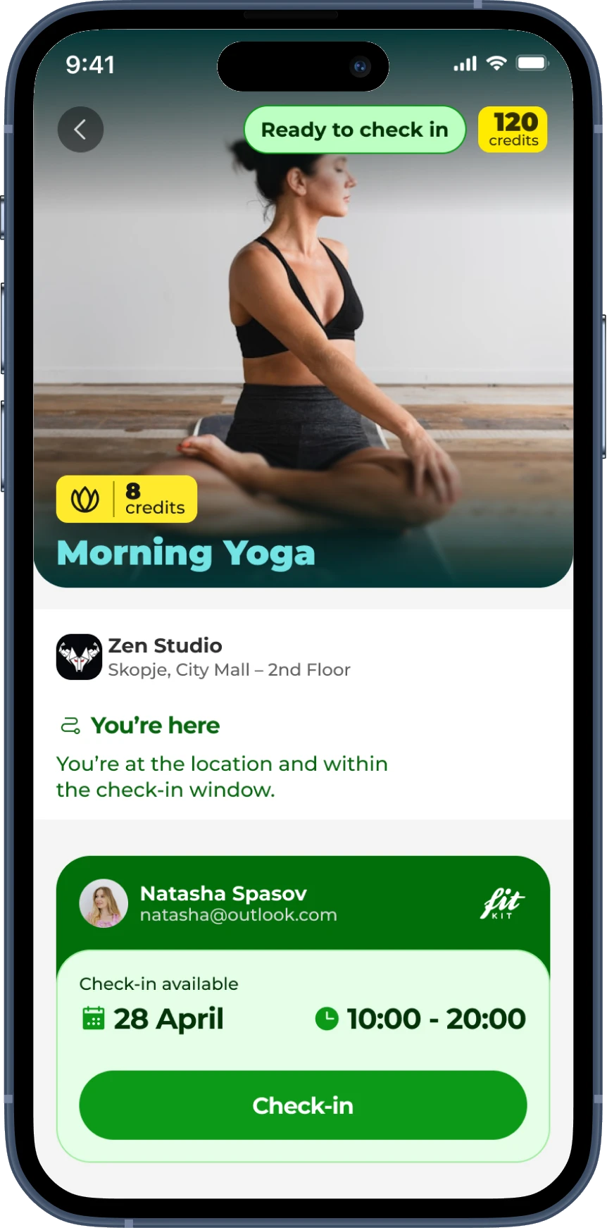 FitKit app showing a Morning Yoga check-in at Zen Studio, 120 credits available